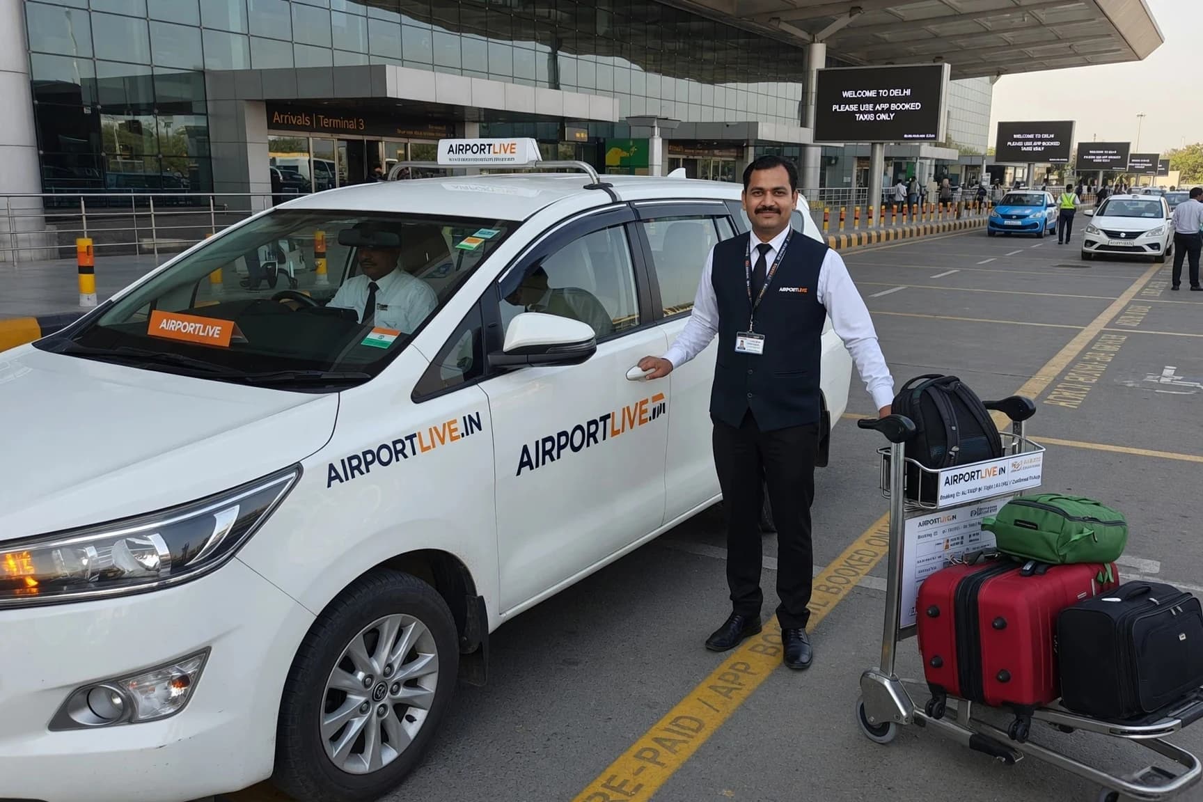 AirportLive chauffeur waiting at airport pickup lane with passenger placard