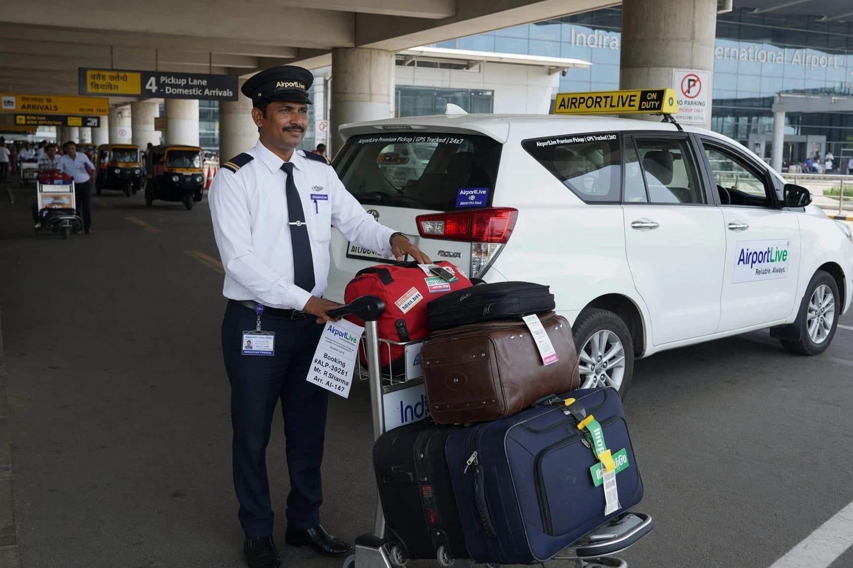 AirportLive chauffeur standing beside premium cab for safe Punjab airport transfer